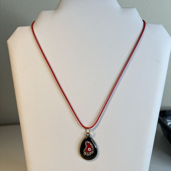 Handmade Evil Eye Resin Pendant Necklace Black Red 20" Red Waxed Cord - Picture 2 of 4